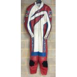 VINTAGE MIKE WILLIS MW LEATHERS. MOTORCYCLE RACING ONE PIECE SUIT WITH HONDA AND ARAI LOGOS . BLUE