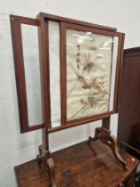 AN EBONY LINE INLAID MAHOGANY FIRE SCREEN WITH SLIDING GLASS PANELS AND A CHINESE PANEL