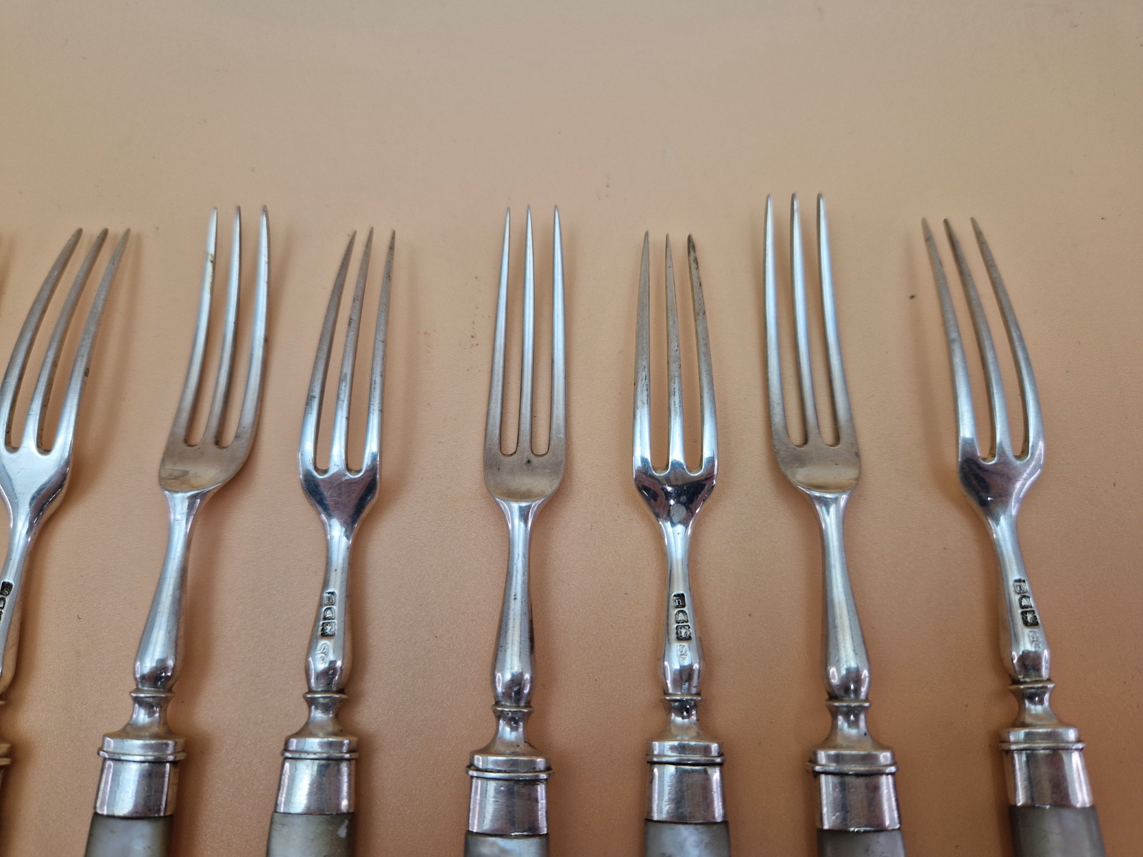 AN ANTIQUE HALLMARKED SILVER DESSERT CUTLERY SET FOR TEN WITH MOTHER OF PEARL HANDLES. - Image 10 of 10