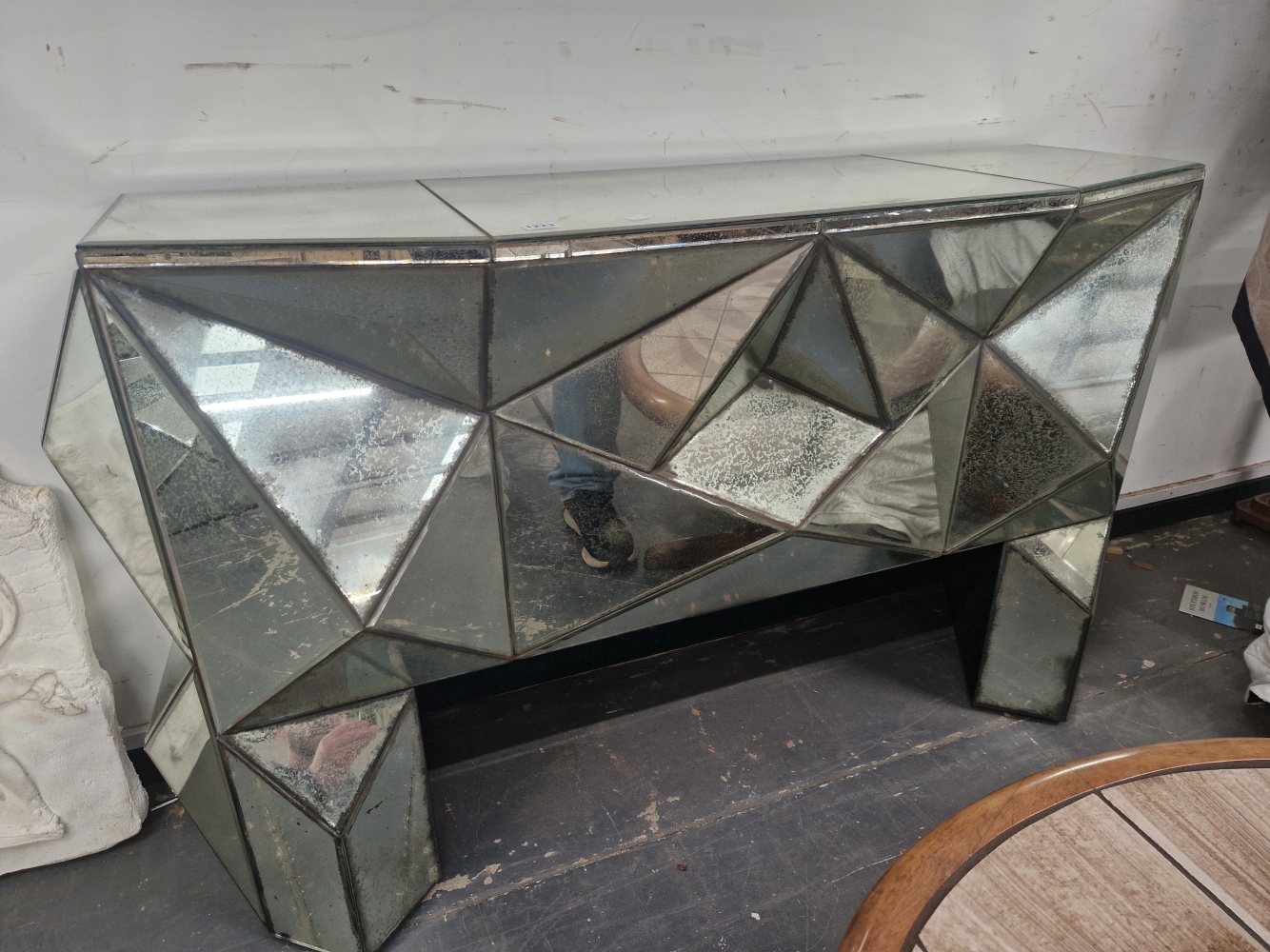 AN UNUSUAL VINTAGE MIRRORED CONSOLE TABLE WITH MIRROR OVER.