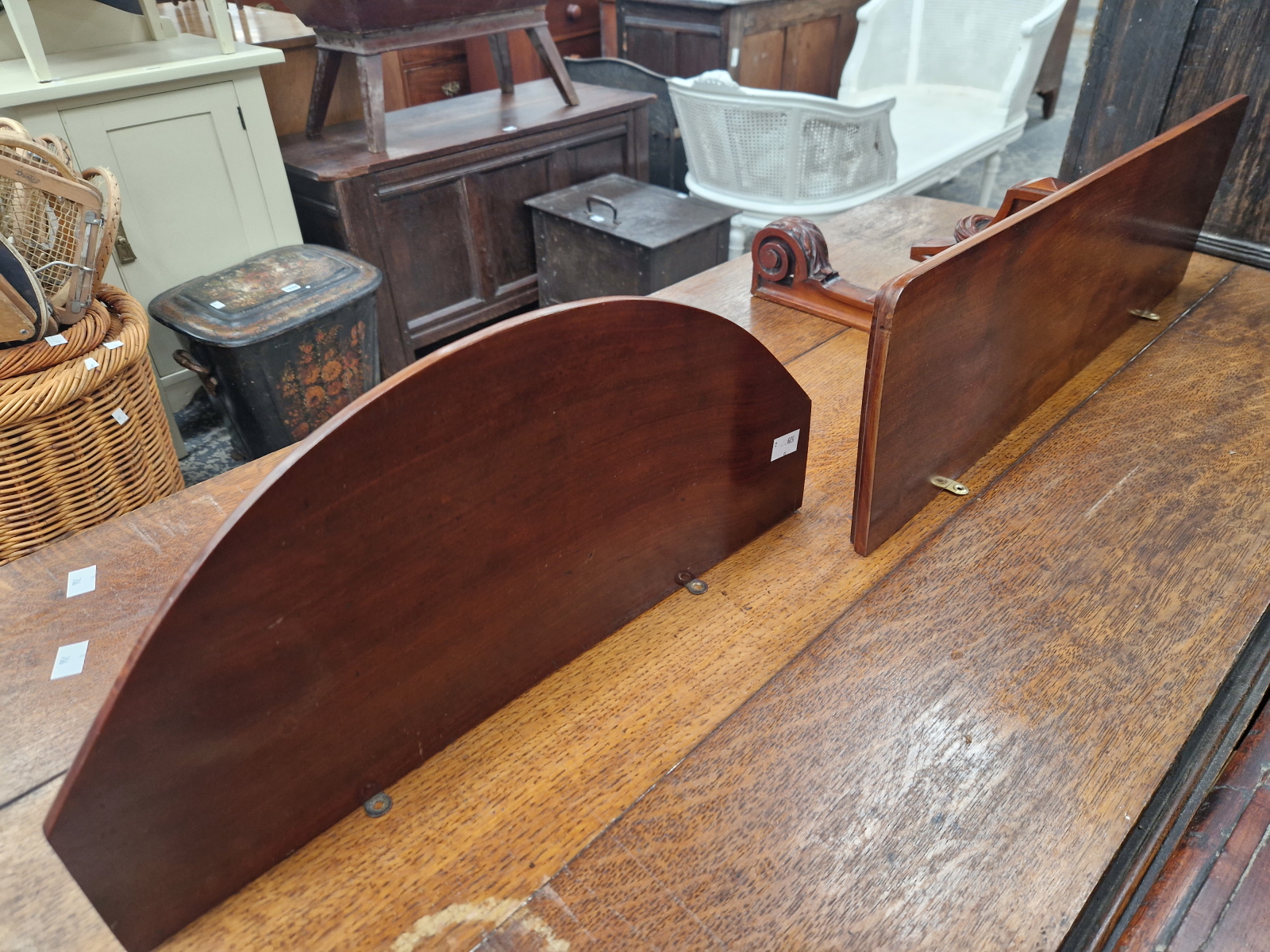 TWO LATE VICTORIAN MAHOGANY WALL SHELVES, ONE RECTANGULAR AND THE OTHER HALF ROUND - Image 4 of 4