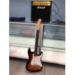 AN ARIA STRATOCASTER STYLE ELECTRIC GUITAR TOGETHER WITH A MARSHALL MG15CDR AMPLIFIER - BOXED.