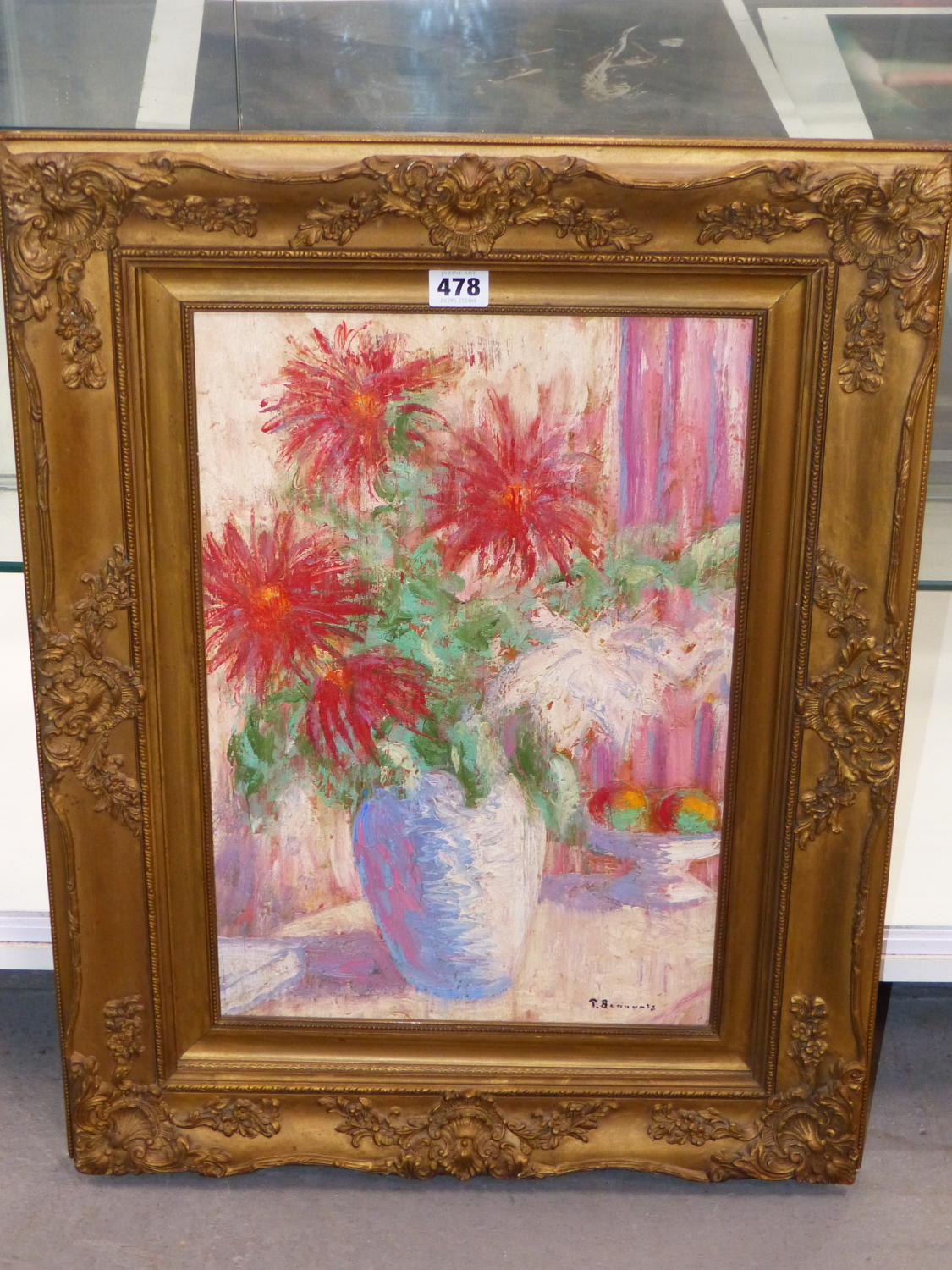 T. BENNINGS(?) (20TH CENTURY), STILL LIFE OF FLOWERS IN A VASE, SIGNED INDISTINCTLY, OIL ON BOARD, - Image 3 of 4
