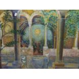 CONTINENTAL SCHOOL (20TH CENTURY), INTERIOR COURTYARD SCENE WITH DOVES AROUND A WELL, IMPASTO OIL,