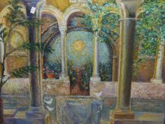 CONTINENTAL SCHOOL (20TH CENTURY), INTERIOR COURTYARD SCENE WITH DOVES AROUND A WELL, IMPASTO OIL,
