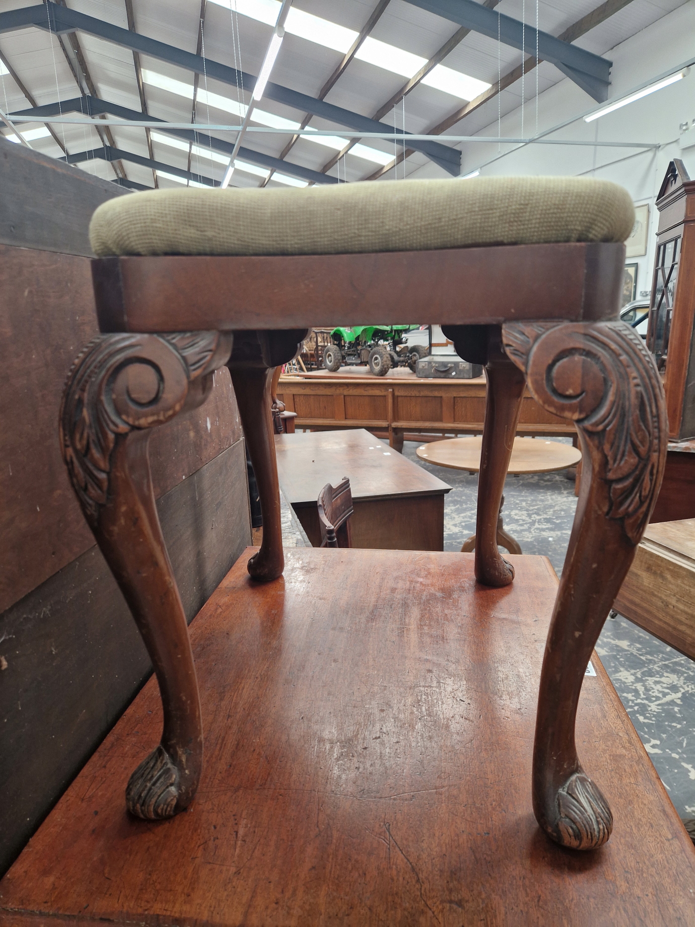 A MAHOGANY STOOL WITH A DROP IN FLORAL NEEDLE WORK SEAT, THE CABRIOLE LEGS CARVED WITH FOLIAGE AT - Image 3 of 3