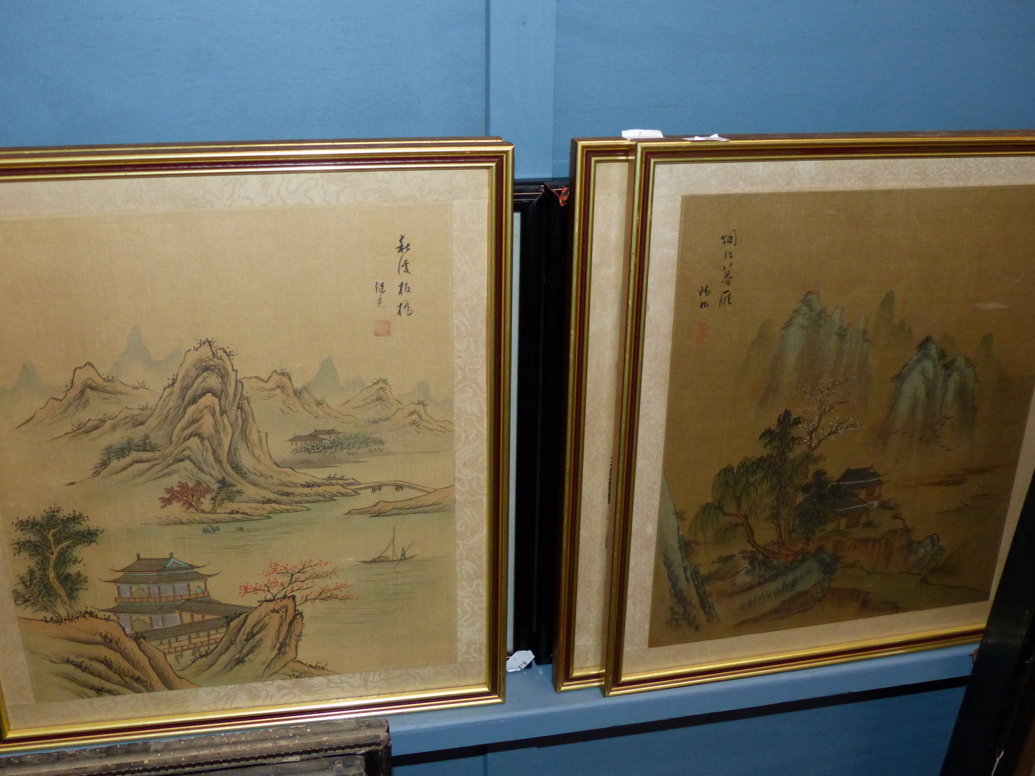 A SET OF FOUR CHINESE WATERCOLOUR PAINTINGS ON SILK DEPICTING LANDSCAPES. (4) - Image 5 of 5