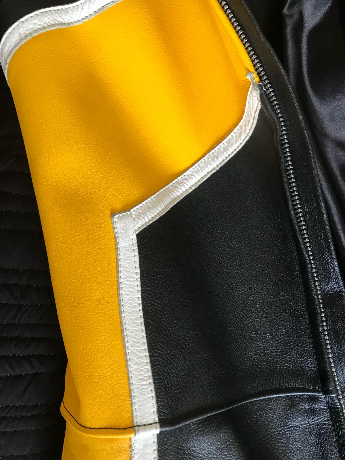 VINTAGE MIKE WILLIS MW LEATHERS. MOTORCYCLE RACING ONE PIECE SUIT YELLOW WHITE AND BLACK. - Image 4 of 6