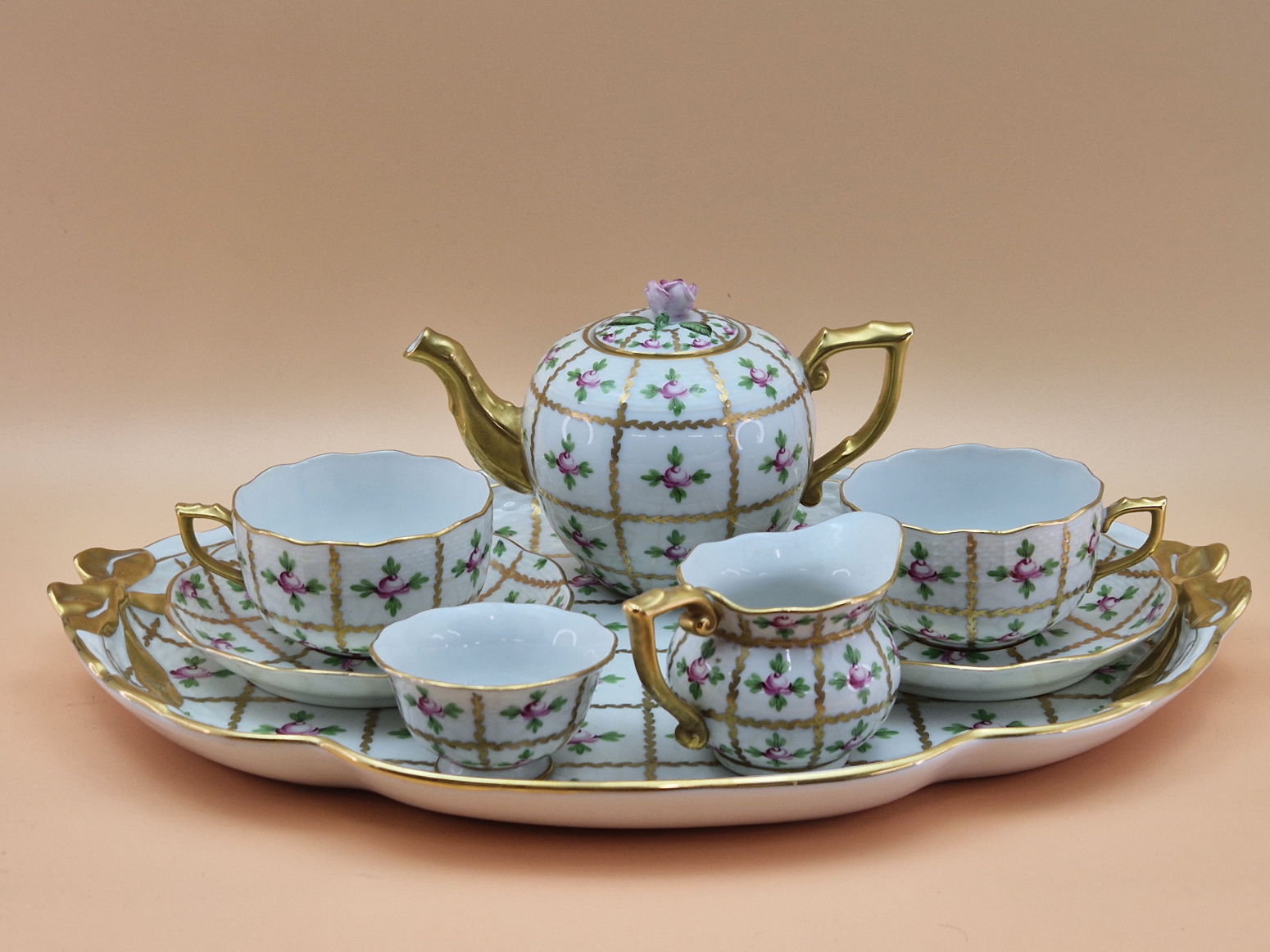 A HEREND CABARET SET, EACH PIECE WITH GILT DIAMOND DIAPER CENTRED BY A PINK ROSE AND FOUR GREEN - Image 2 of 4