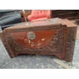 A CHINESE HARD WOOD COFFER, THE LID INLAID IN MOTHER OF PEARL WITH A SPRAY OF CHERRY BLOSSOM