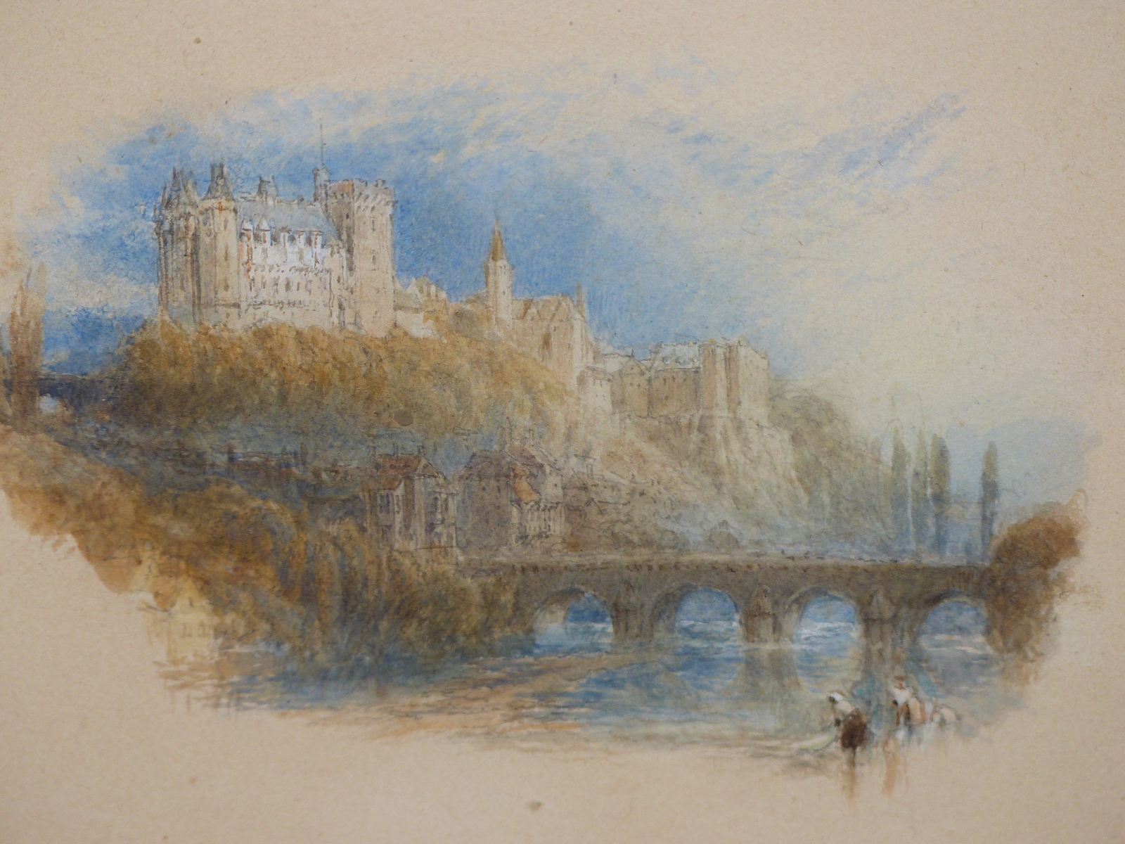 MYLES BIRKET-FOSTER (1825-1899), CASTLE ON HIGH CLIFFS ABOVE A RIVER WITH FIGURES BELOW, UNSIGNED,