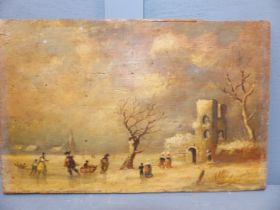 DUTCH SCHOOL (19TH CENTURY), SKATERS IN A FROZEN WINTER LANDSCAPE, OIL ON PANEL, 29.5 x 19cm