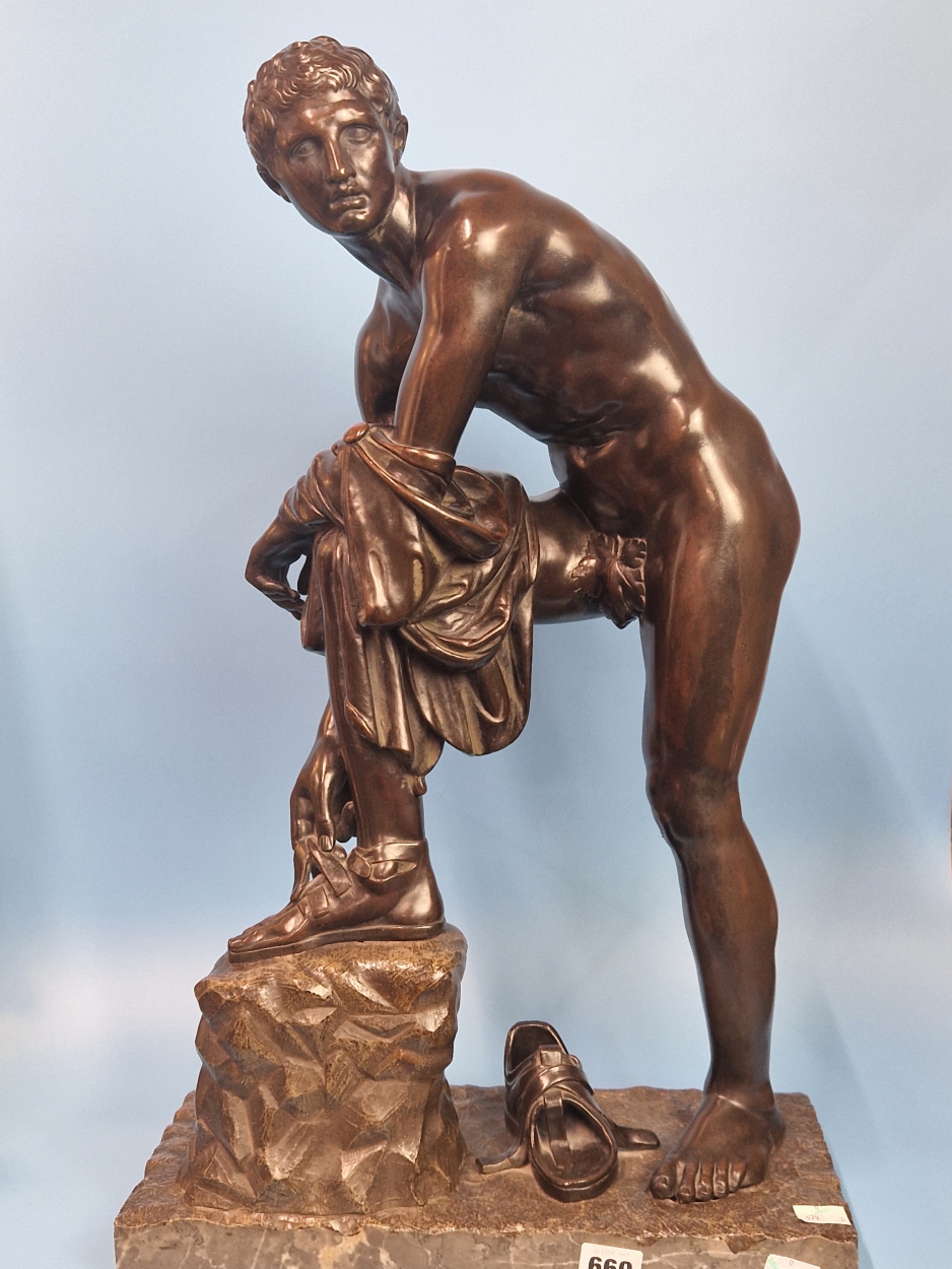 A BRONZE FIGURE OF A ROMAN BATHER WITH ONE FOOT RAISED ON A BLOCK WHILE HE REMOVES A SANDAL, THE - Image 2 of 9