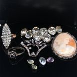 A COLLECTION OF ANTIQUE AND LATER JEWELLERY TO INCLUDE A PAIR OF FRENCH LARGE PASTE BARS, A SILVER