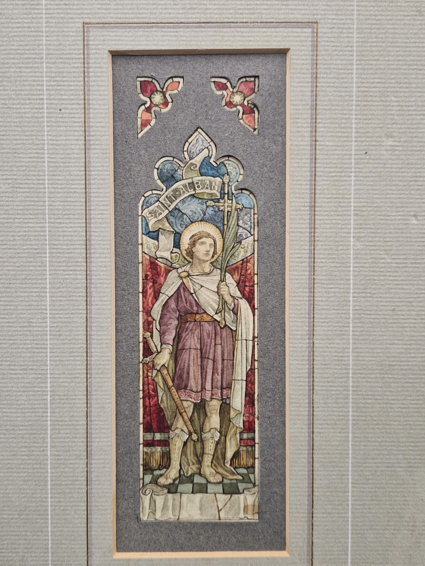 HEATON BUTLER & BAYNE, A STAINED GLASS WINDOW DESIGN DEPICTING ST ALBAN, WATERCOLOUR, 5.5 x 16cms - Image 2 of 4