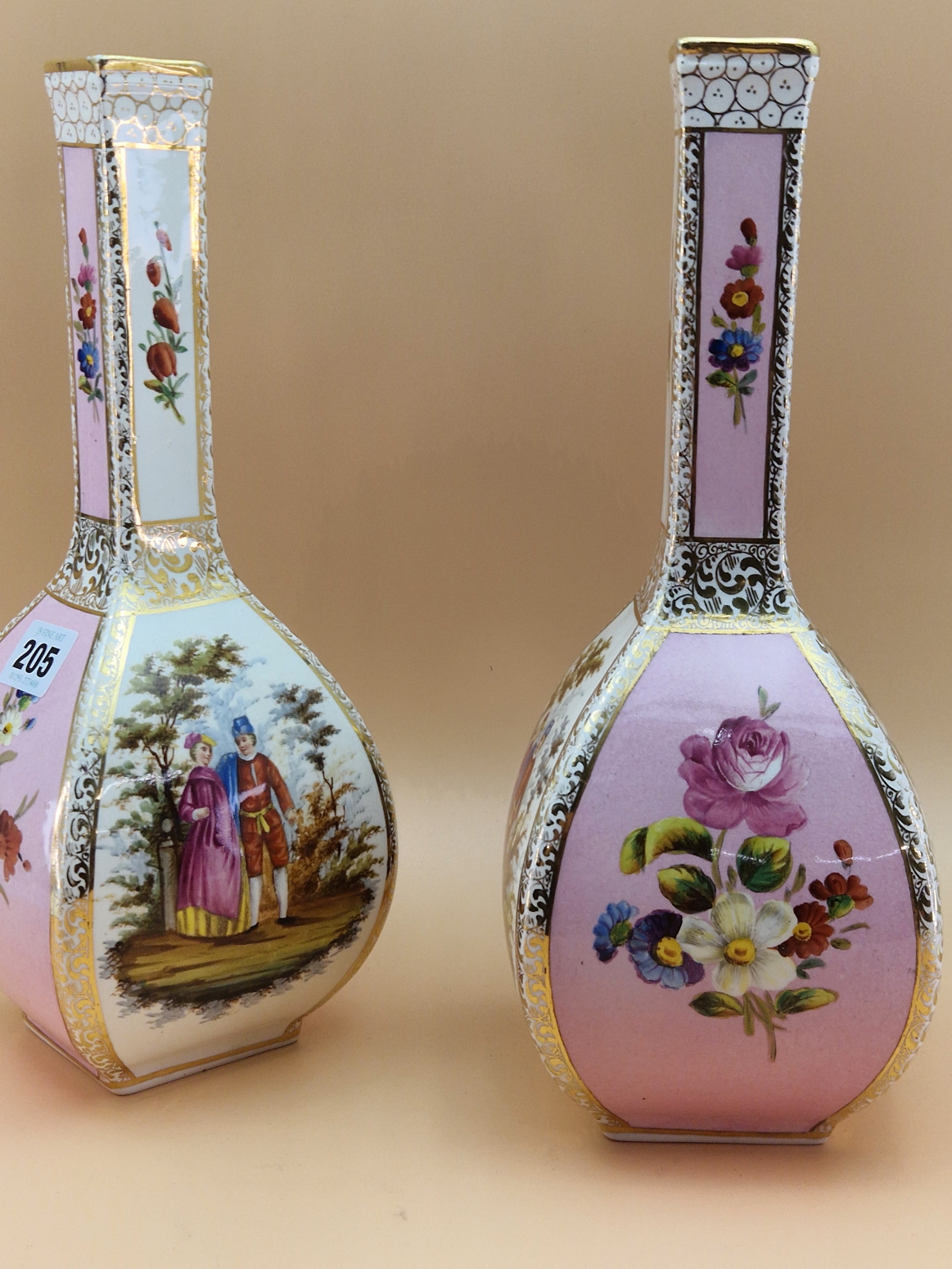 A PAIR OF DRESDEN SQUARE SECTION BOTTLE VASES, PAINTED WITH PINK GROUND FLORAL PANELS ALTERNATING - Image 5 of 7