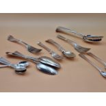 FIFTEEN VARIOUS OLD ENGLISH AND HANOVERIAN PATTERN SILVER SPOONS TOGETHER WITH SEVEN SILVER FORKS,