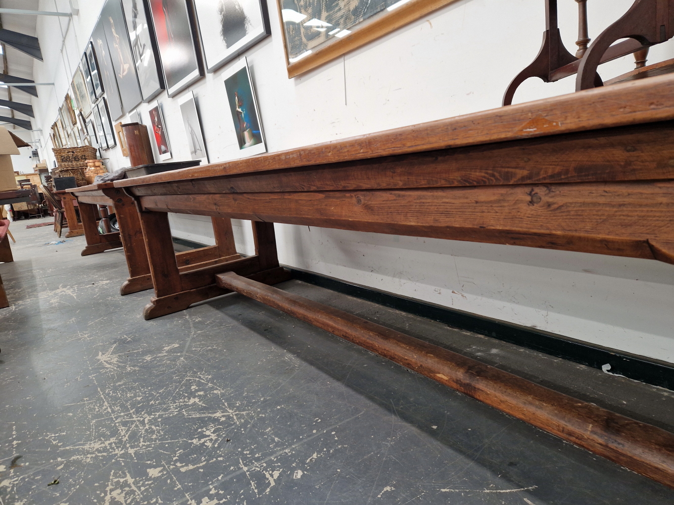 A TEAK AND PINE REFECTORY TABLE, THE CLEATED RECTANGULAR PLANK TOP ON PAIRS OF LEGS TO EACH NARROW - Image 3 of 14