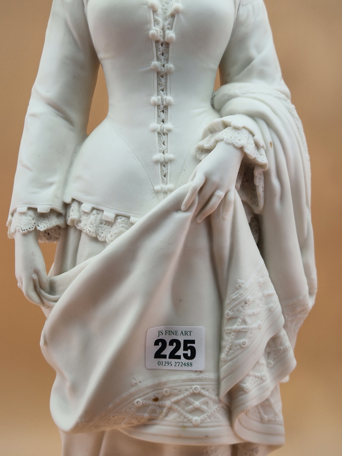 A MINTON PARIAN FIGURE OF A VICTORIAN LADY STANDING ON A CIRCULAR CARPET MOULDED BASE HOLDING UP A - Image 3 of 10