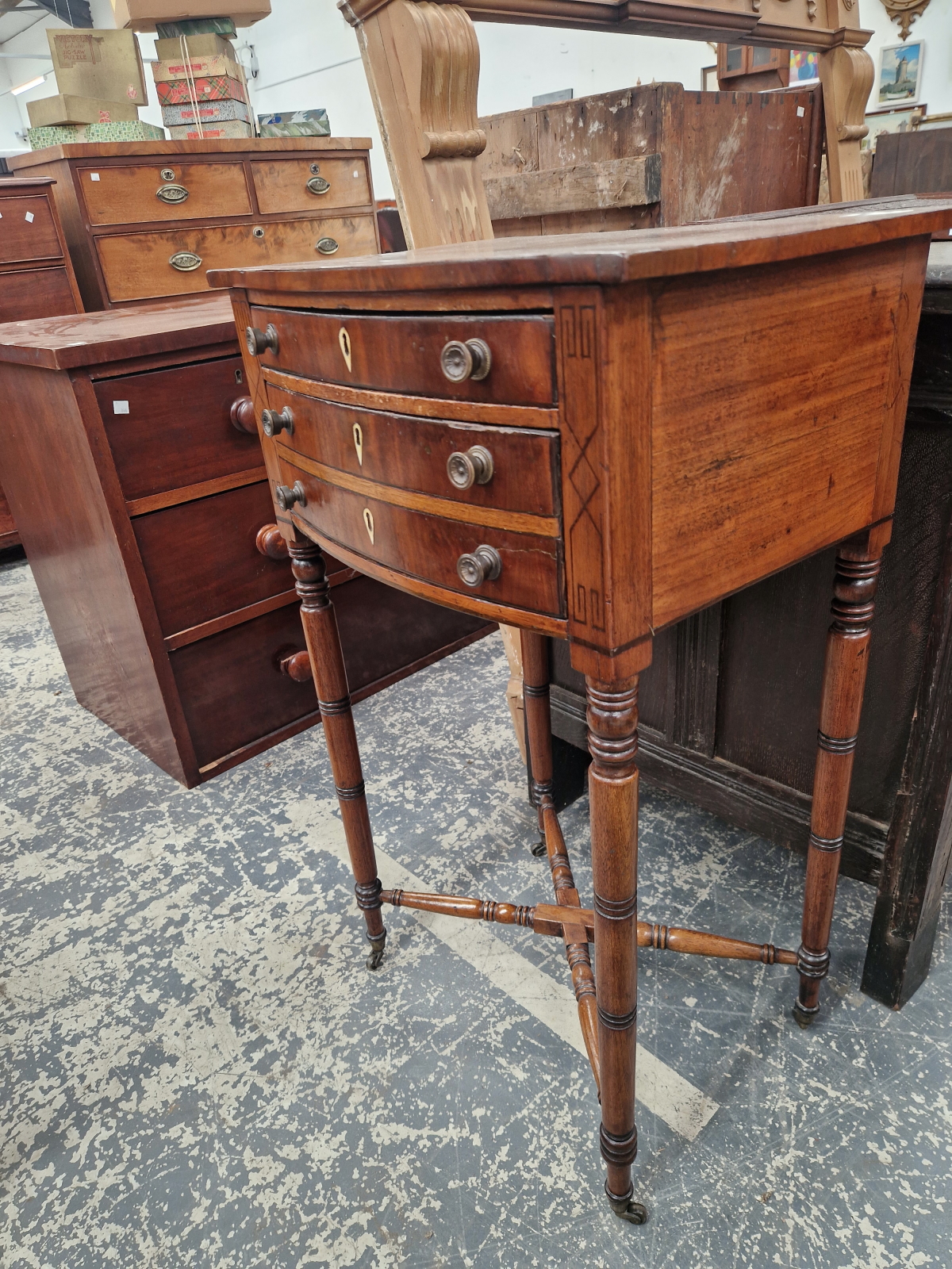 A 19th C. CROSS BANDED AND EBONY LINE INLAID MAHOGANY BOW FRONT SIDE TABLE WITH TWO DRAWERS ABOVE - Image 2 of 5