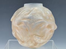 A LALIQUE FORMOSE PATTERN SPHERICAL VASE, THE FISH AGAINST A PALE BROWN GROUND, ENGRAVED R LALIQUE