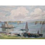 ENGLISH SCHOOL SOUTH COAST SEA VIEW WITH FISHING BOATS. OIL ON PANEL. SIGNED J A PARK 30 x 40cms