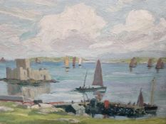 ENGLISH SCHOOL SOUTH COAST SEA VIEW WITH FISHING BOATS. OIL ON PANEL. SIGNED J A PARK 30 x 40cms