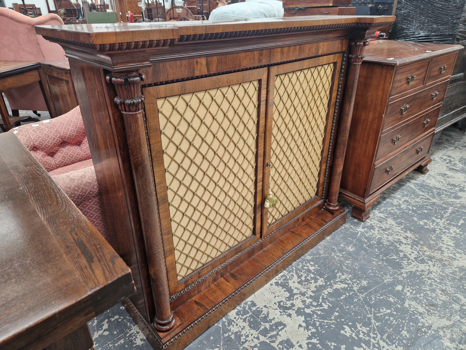 A VICTORIAN ROSEWOOD SIDE CABINET WITH COLUMNS FLANKING THE GRILLED DOORS, EGG AND DART BANDS - Image 2 of 8