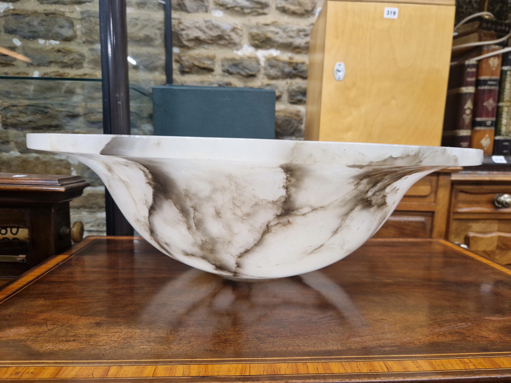 A MOTTLED GREY ALABASTER CEILING DISH, THE BOWL SHAPE WITH SUSPENSION HOLES IN THE FLATTENED RIM. - Image 3 of 3