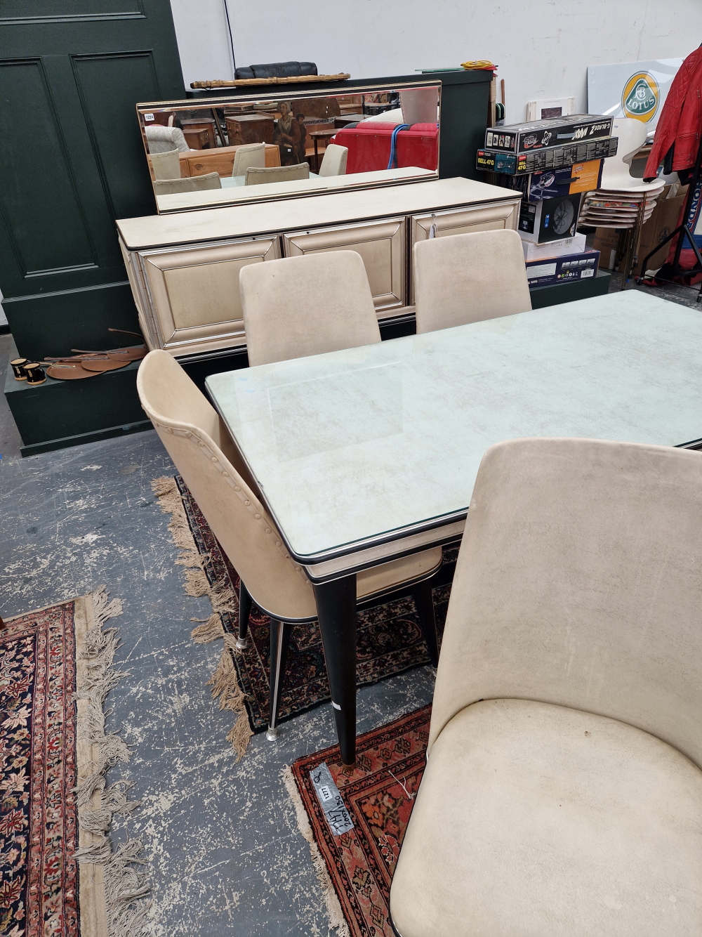 A STYLISH RETRO DINING SET BY UMBERTO MASCAGNI, INCLUDES A MIRROR BACK LABELLED SIDEBOARD, GLASS TOP - Image 4 of 11