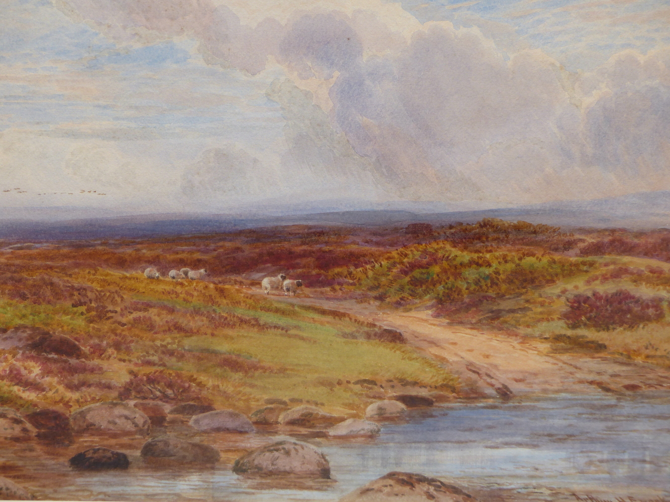 ARTHUR HENRY ENOCK (1828-1917), EXTENSIVE MOORLAND LANDSCAPE WITH SHEEP, SIGNED, WATERCOLOUR, 51 x
