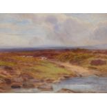 ARTHUR HENRY ENOCK (1828-1917), EXTENSIVE MOORLAND LANDSCAPE WITH SHEEP, SIGNED, WATERCOLOUR, 51 x