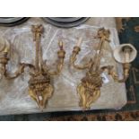 A PAIR OF 19th C. GILT GESSO AND WOOD TWO BRANCH GIRANDOLES, NOW WITH CANDLE LIGHT SOCKETS, THE ARMS