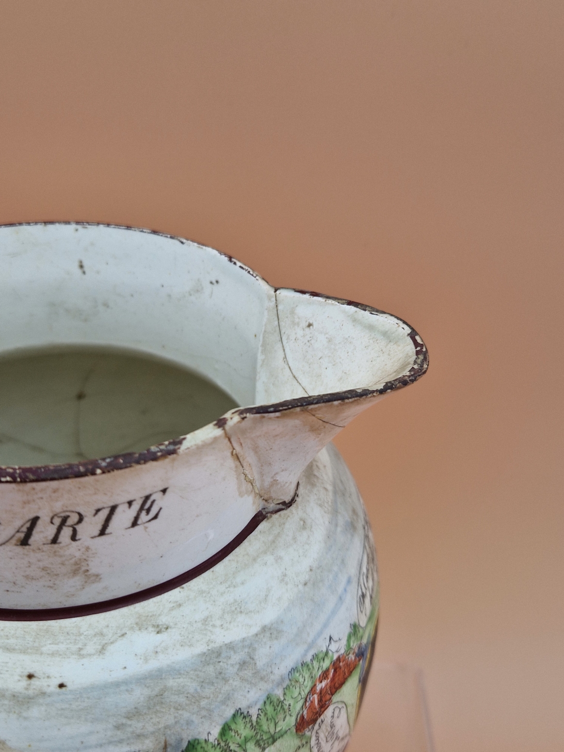 A CREAM WARE JUG PRINTED AND PAINTED WITH CARTOONS OF BONAPARTE DETHRON'D APRIL 1ST 1814, PREVIOUSLY - Image 4 of 6