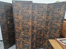 A PAIR OF FOUR FOLD SCREENS, THE BLACK LACQUER TO ONE SIDE WITH YELLOW CHINOISERIE PAVILIONS,
