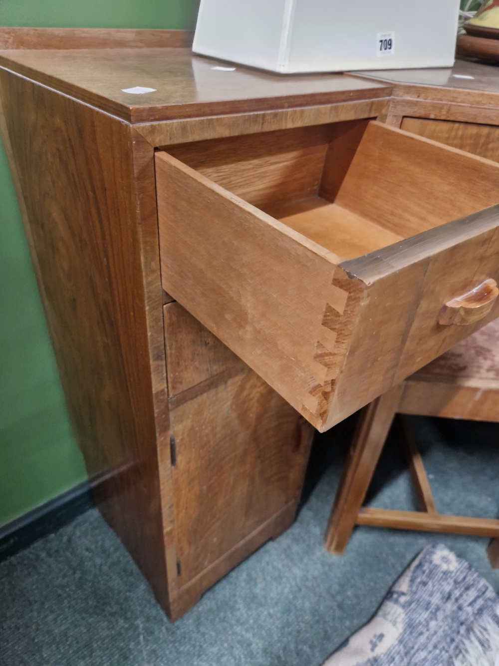 AN ART DECO WALNUT CORNER DRESSING TABLE AND STOOL TOGETHER WITH A TALLBOY CABINET - Image 7 of 31