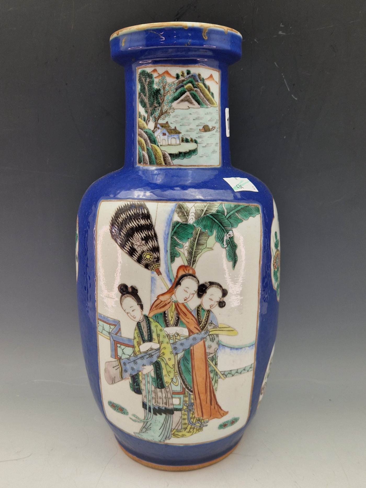 A CHINESE BLUE GROUND VASE PAINTED WITH A RESERVE OF THREE LADIES ON A TERRACE AND WITH GARDEN - Image 4 of 17