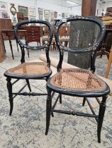 A PAIR OF VICTORIAN EBONISED AND INLAID BALLOON BACK BEDROOM CHAIRS.