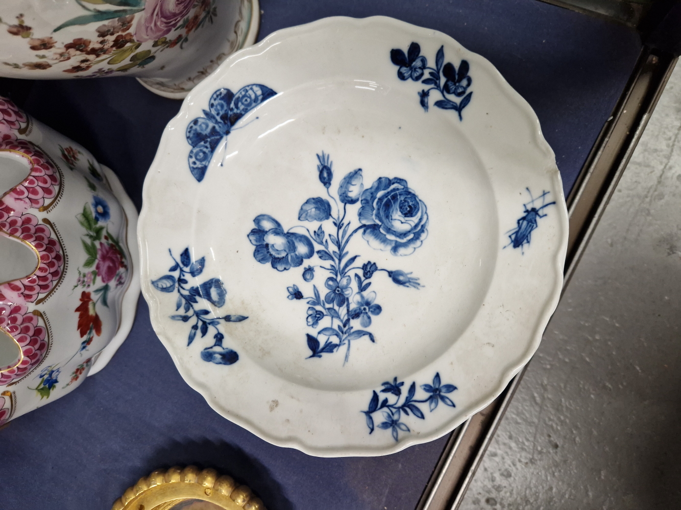 A SET OF SIX BLUE AND WHITE FLORAL PLATES, CROSSED SWORDS MARKS, TWO ENGLISH SOUP PLATES, A - Image 3 of 6