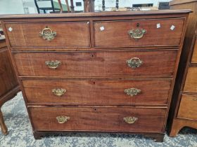A 19th C. MAHOGANY CHEST OF TWO SHORT AND THREE LONG DRAWERS ON BRACKET FEET. W 109 x D 53 x H