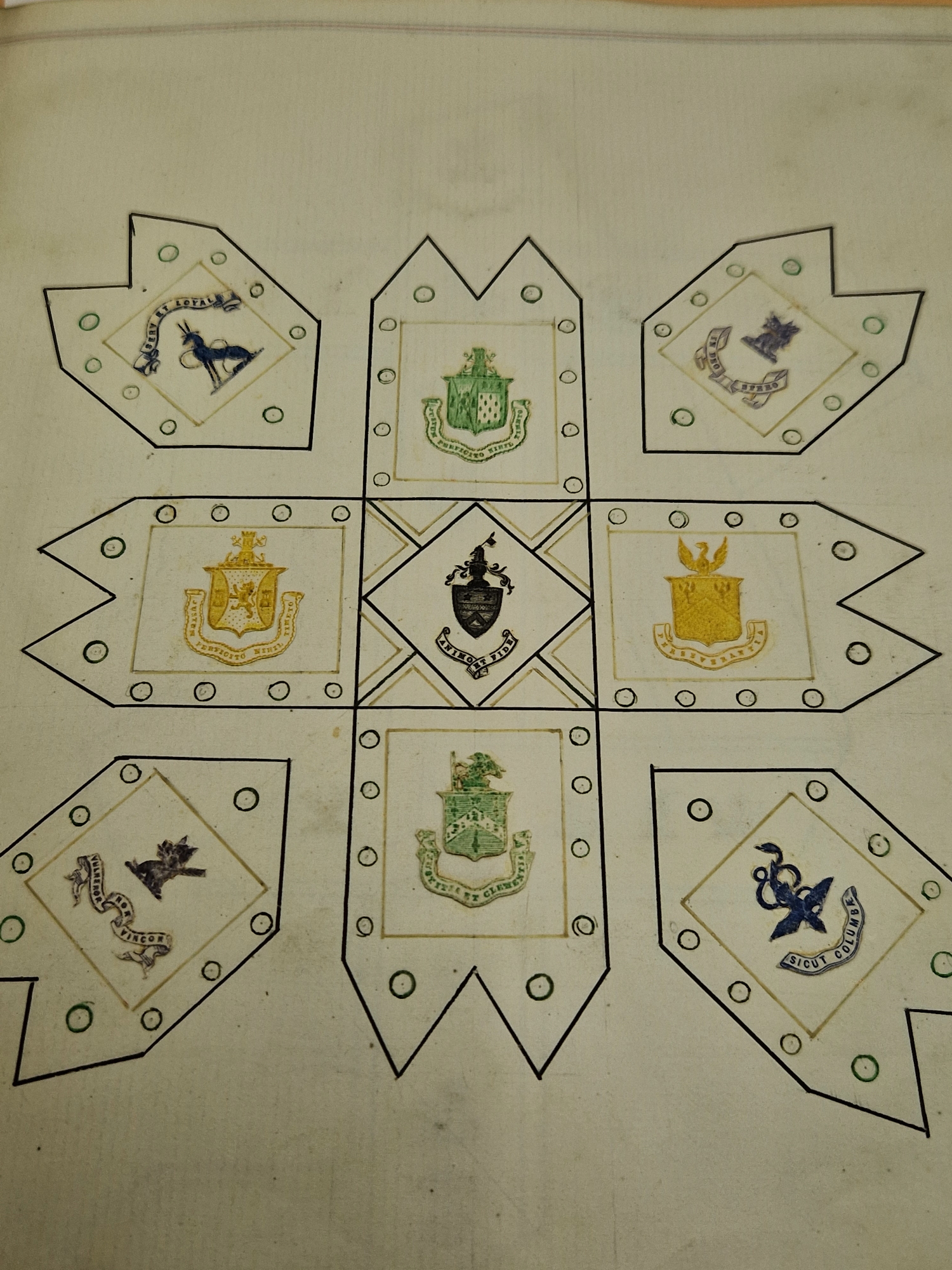 A LATE VICTORIAN GREEN LEATHER BOUND ALBUM OF ROYAL, MILITARY, NAVAL COLLEGE, AND PERSONAL CRESTS, - Image 2 of 14