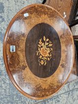 A VICTORIAN WALNUT AND INLAID OVAL TOP TRIPOD OCCASIONAL TABLE.