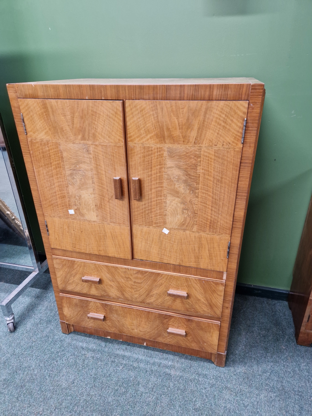AN ART DECO WALNUT CORNER DRESSING TABLE AND STOOL TOGETHER WITH A TALLBOY CABINET - Image 2 of 31