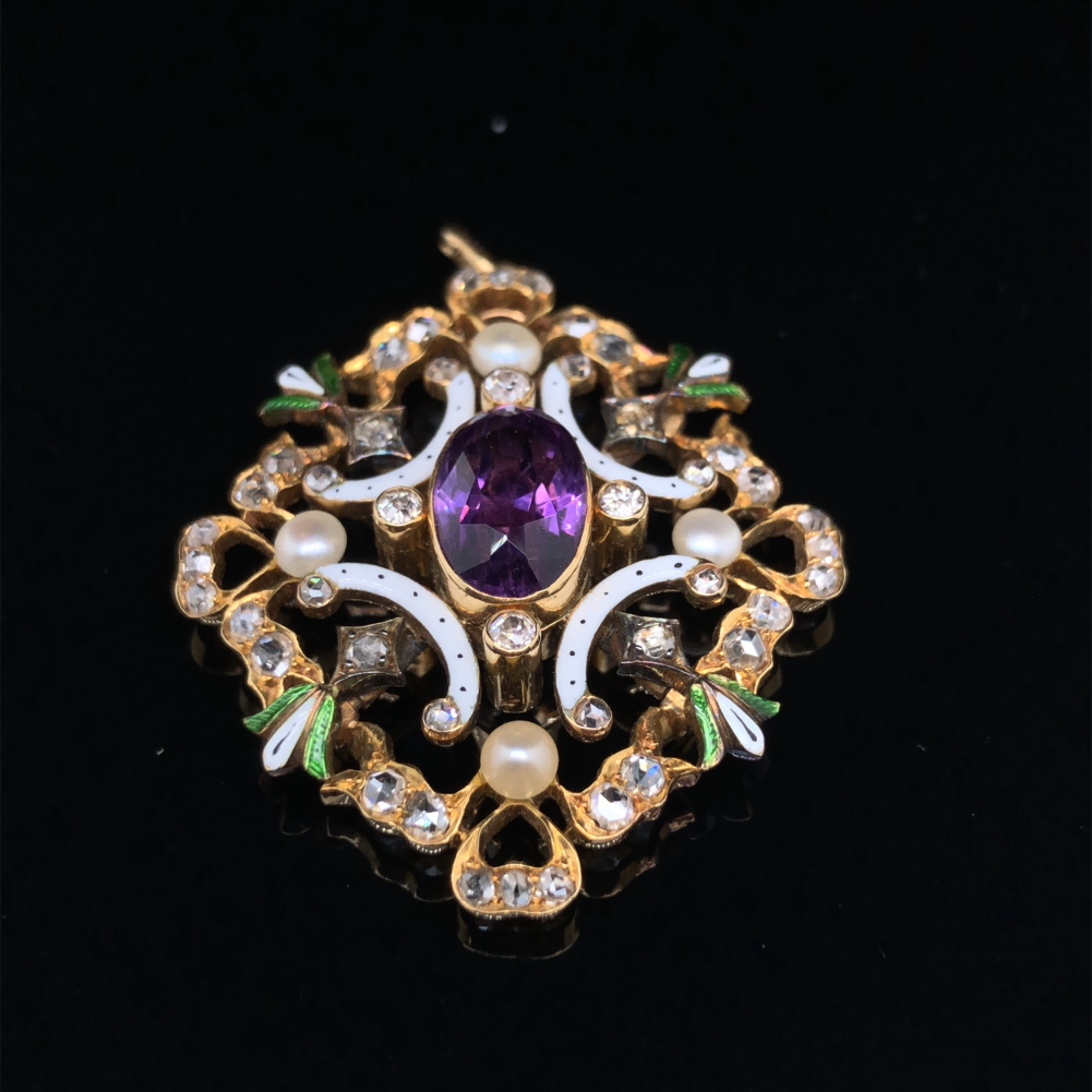 AN ANTIQUE SUFFRAGETTE PENDANT / BROOCH IN A FITTED CASE. THE PENDANT SET WITH AN OVAL CUT CENTRAL - Image 2 of 2