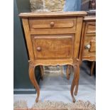 TWO FRENCH SIMILAR ROUGE MARBLE TOPPED BEDSIDE CUPBOARDS, EACH WITH A DRAWER ABOVE A CUPBOARD AND ON