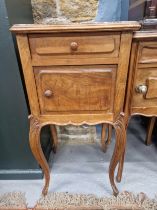 TWO FRENCH SIMILAR ROUGE MARBLE TOPPED BEDSIDE CUPBOARDS, EACH WITH A DRAWER ABOVE A CUPBOARD AND ON