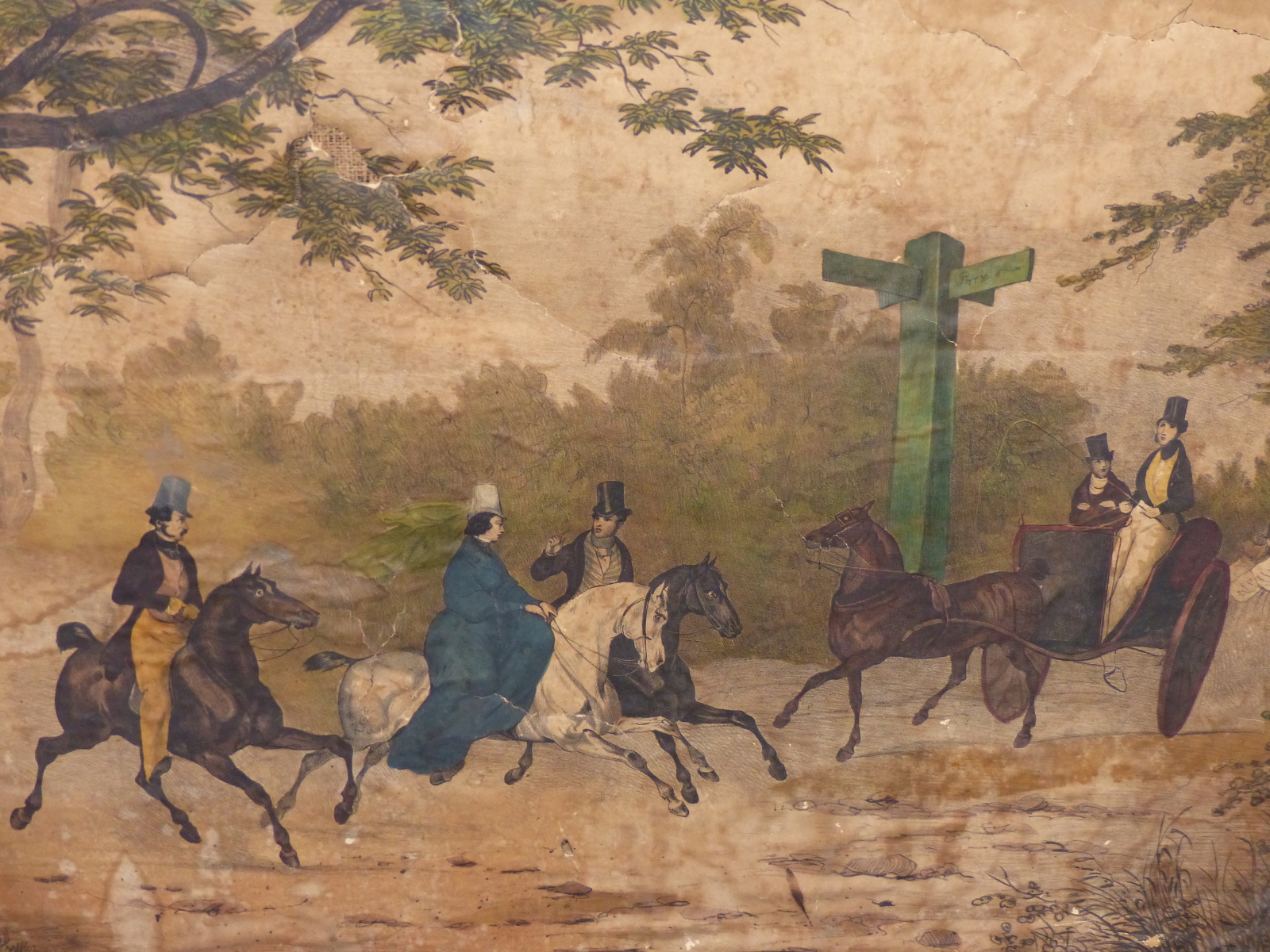 A 19TH CENTURY FRENCH LITHOGRAPH OF EQUESTRIANS ON THE ROAD NEAR PARIS, SOME HAND COLOURING, LAID ON - Image 7 of 7