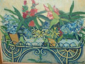 CONTINENTAL SCHOOL (EARLY 20TH CENTURY), STILL LIFE OF FLOWERS IN A WIRE PLANTER, INDISTINCTLY