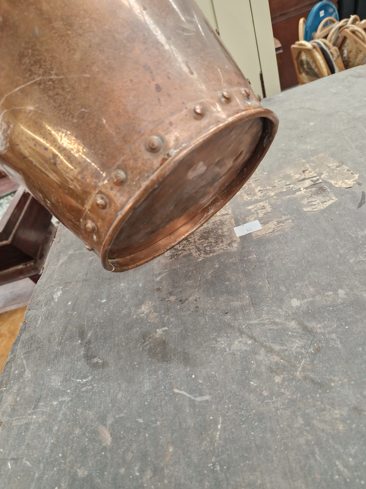 A COP[PER TAPERING CYLINDRICAL FIRE BUCKET WITH BRASS LION MASK AND RING HANDLES - Image 6 of 6