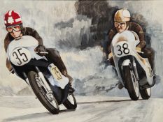 ROD GOULD. AN OIL ON CANVAS BOARD PAINTING DEPICTING GOULD AND MIKE HAILWOOD RACING NORTON AND HONDA